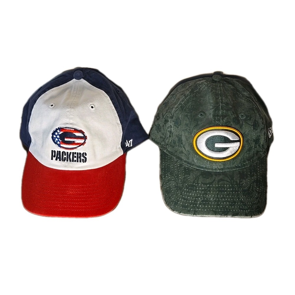 VTG Green Bay Packers Hat Lot Of 2 American Flag G Logo Adjustable Wisconsin